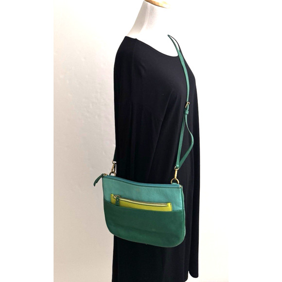 Fossil Crossbody Bag Green Blue Leather Top Zip Multiple-Pockets Convertible - Picture 2 of 16